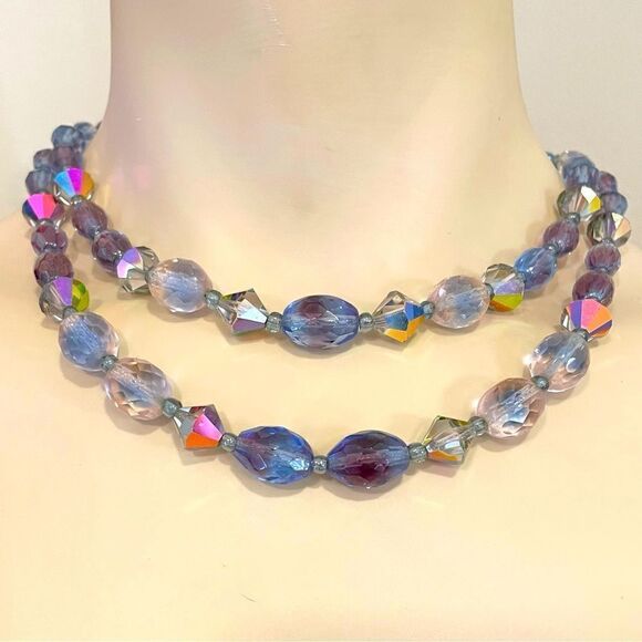 🪁 Antique Czech Bi-color Faceted Glass double strand Necklace - Picture 1 of 7